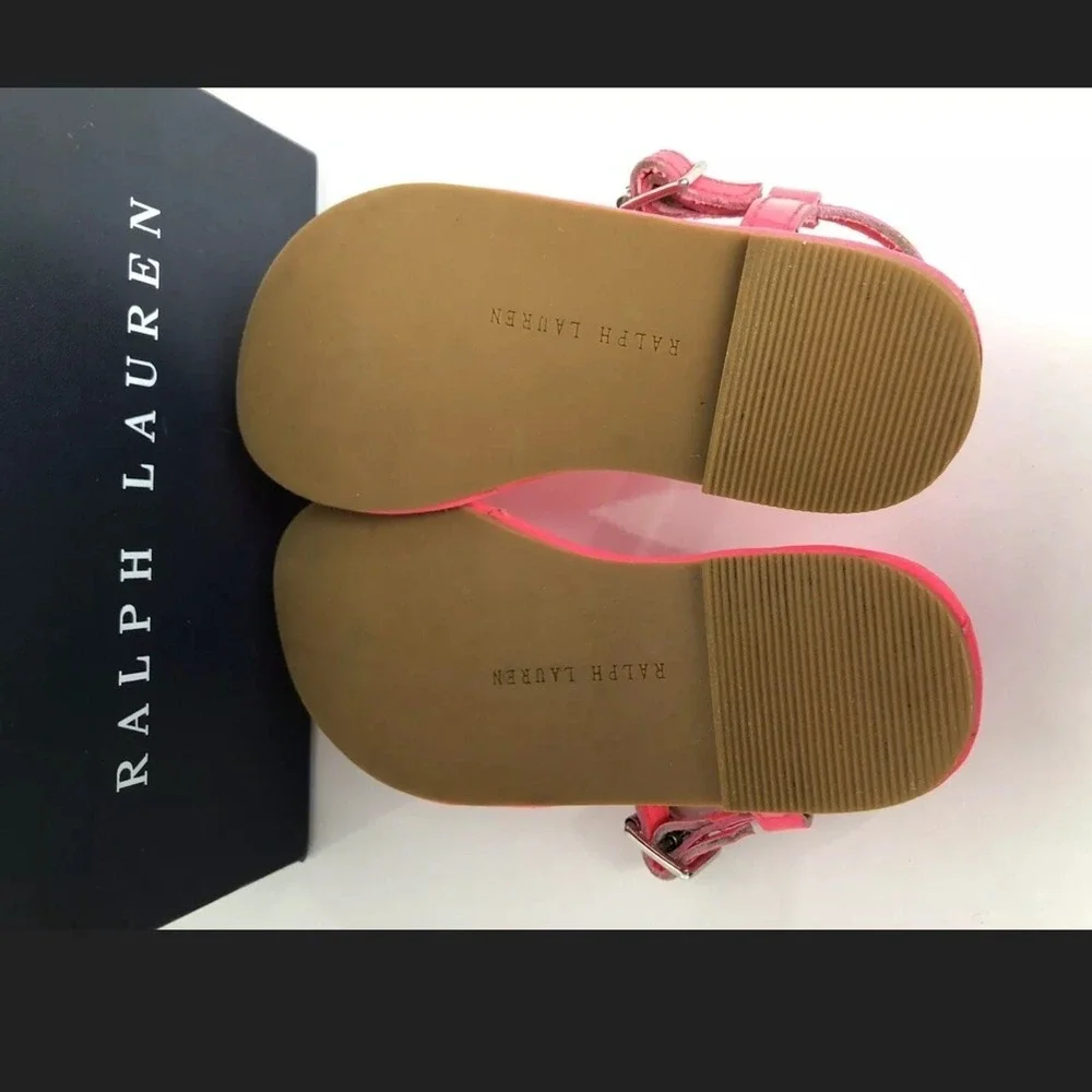 Ralph Lauren Kids Neon Pink‎ Patent Leather T-Strap Sandals Logo Medallion Girls